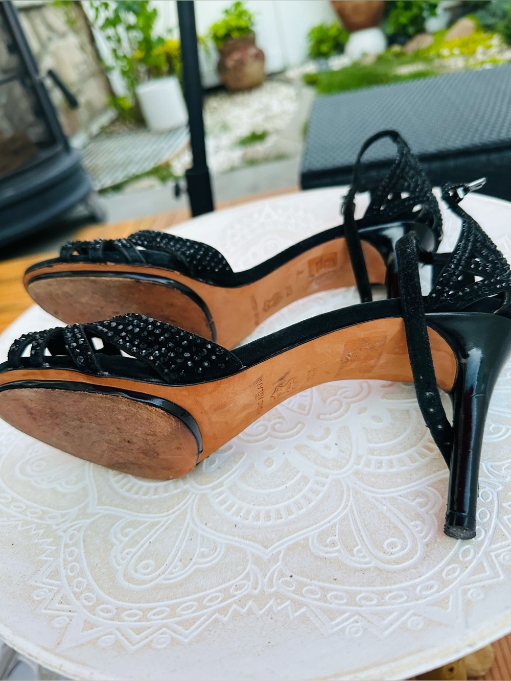 ANTONIO MELANI Black Strappy Crystal-Embellished Ankle-Strap Heels - Picture 2 of 9